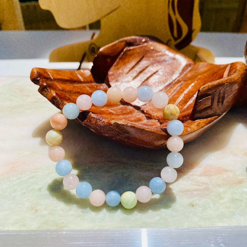 Candy Pink & Blue Morganite Beryl Gemstone Bead Stretch Bracelet